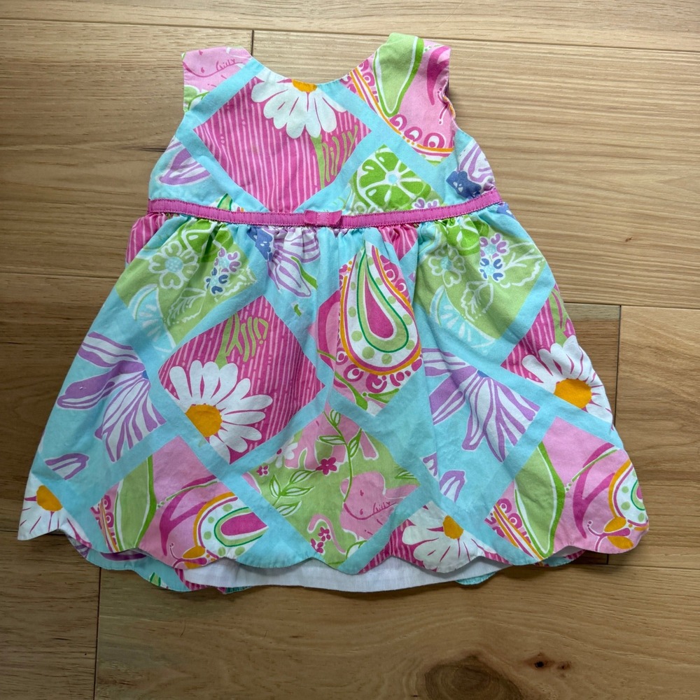 Lilly Pulitzer Patchwork Floral Dress Child 12-18M Pink Blue Scalloped Hem